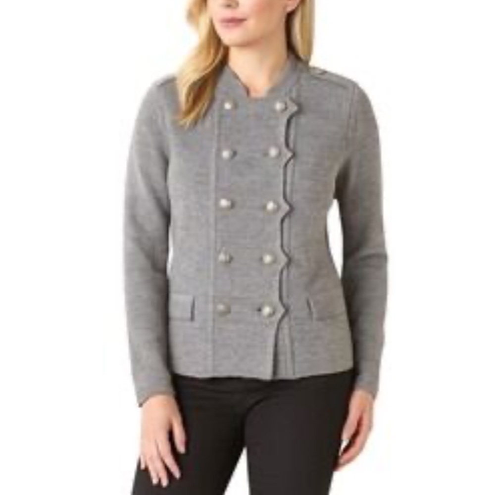 LOFT Gray Military Style Merino Wool Blend Sweater L